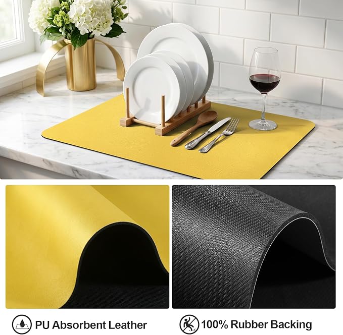 Ecotrim - Dish Drying Mat for Kitchen Counter | Coffee Bar Mat for Countertops | Heat Resistant Drainer Mat with Non-slip Rubber Backed | Hide Stain Kitchen Absorbent Draining Mat | Yellow 18"x24"