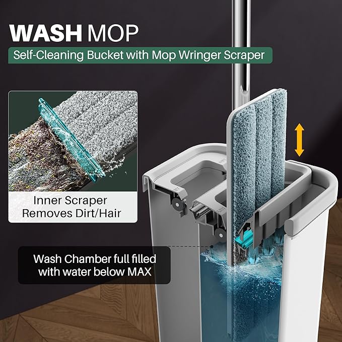 JOYMOOP Flat Mop System, Microfiber Mop and Bucket Set, White, Hands-Free Wet and Dry Floor Cleaning for Household and Commercial Use, Includes 5 Washable Pads