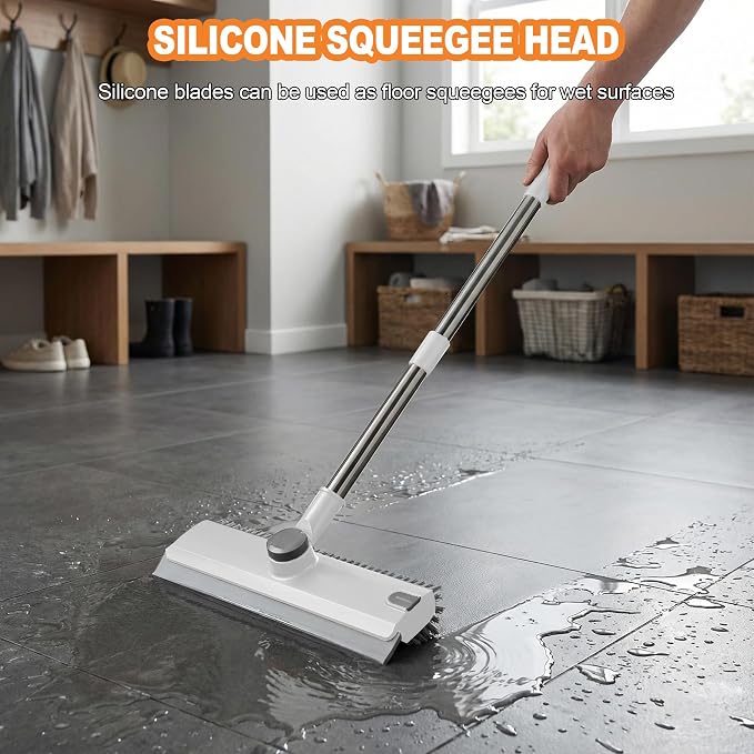 Floor Scrub Brush with Long Handle 3 in 1 Heavy Duty Stiff Bristle Scrubber Brush with Scraper V-Shaped Double-Sided Cleaning Brushes for Pool Tile, Grout,Crevices,Shower,Bathroom,Wall,Patio (White)