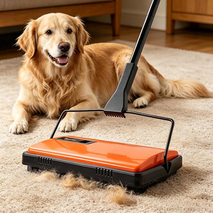 CLEANHOME Manual Carpet Sweeper For Pet Hair and Dust Remove | Rotating Brush Floor Sweeper, Lightweight Push Broom for Classroom Rugs, Non-Electric Lint & Crumb Cleaner, One-Touch Dumping
