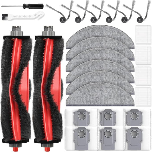 26 Pack Replacement Parts for Roborock Q7 M5/M5+/Q7 L5/L5+ Robot Vacuum | 2 Main Brush 6 Side Brush 4 HEPA Filter 6 Mop Pads 6 Dust Bags 1 Cleaning Brush 1 Screwdriver