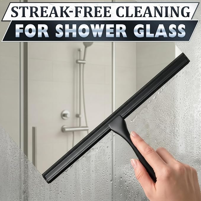 Black Squeegee for Shower Glass, 14" Silicone Blade, Stainless Steel | Shower Door Squeegee with Hook, Adhesive Mount; All-Purpose Bathroom Tile, Mirror, & Window Wiper for Streak-Free Cleaning