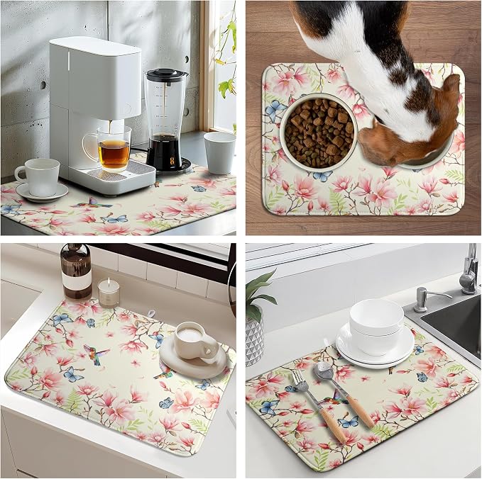 Spring Flowers Floral Dish Drying Mats Spring Summer Hummingbird Dish Mat Drying Matt Butterfly Dishes Dryer Pad for Kitchen Counter Absorbent Microfiber Washable Foldable Reusable 18x24 in