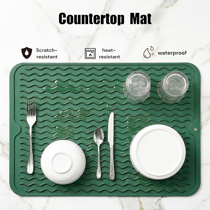 MicoYang Silicone Dish Drying Mat — Quick-Dry Ridges Counter & Sink Pad, Heat-Resistant Trivet to 450°F, Non-Slip & Dishwasher Safe, Roll-Up Storage, 18 Colors & 9 Sizes (Green, 16"×12")