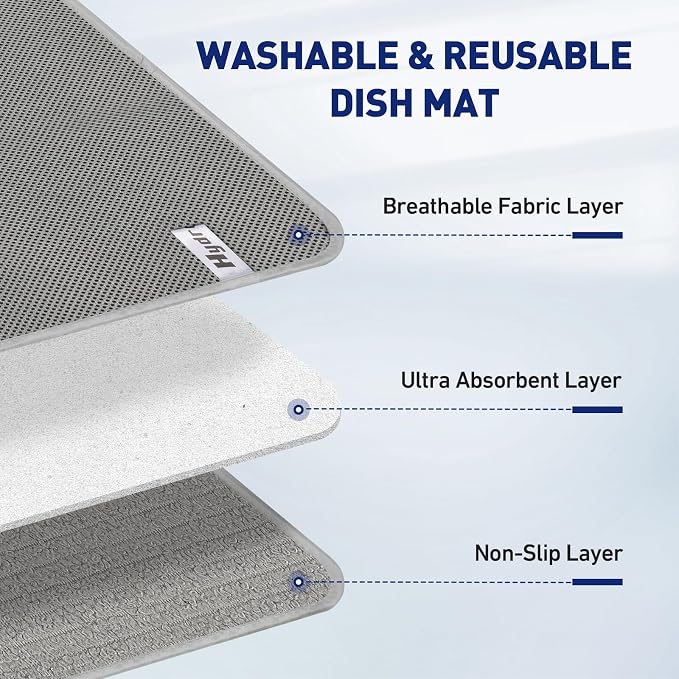 14.6*11.8 inch Microfiber Dish Drying Mat,2 Compact Ultra Absorbent Dish Mat Drying Kitchen Mat,Small Dish Drying Mats for Kitchen Counter,Draining Racks,Sinks (Gray)