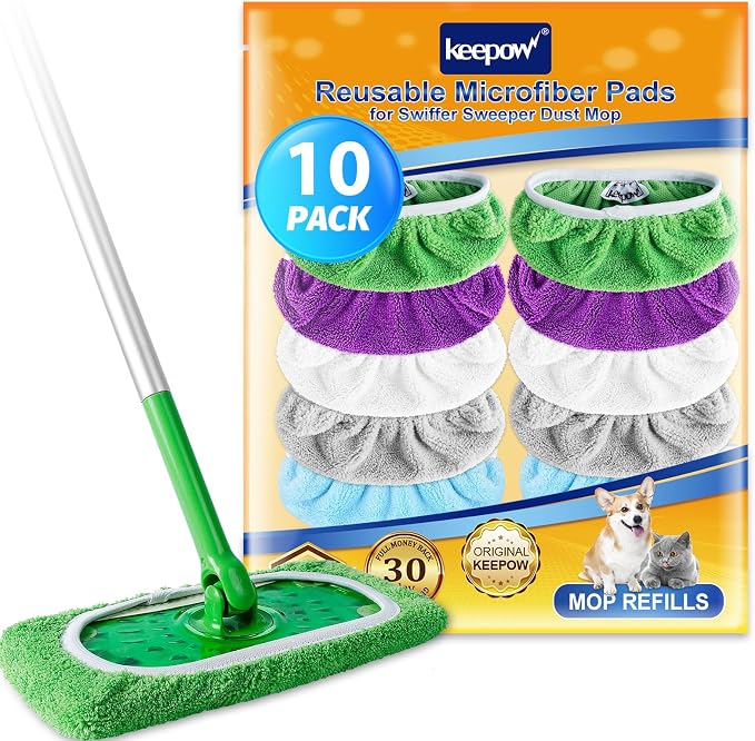 KEEPOW 10 Pack Reusable Mop Pads Compatible with Swiffer Sweeper | Coral Fleece, Assorted Colors (Green/Purple/White/Blue/Grey) Dry Wet Mopping Refills