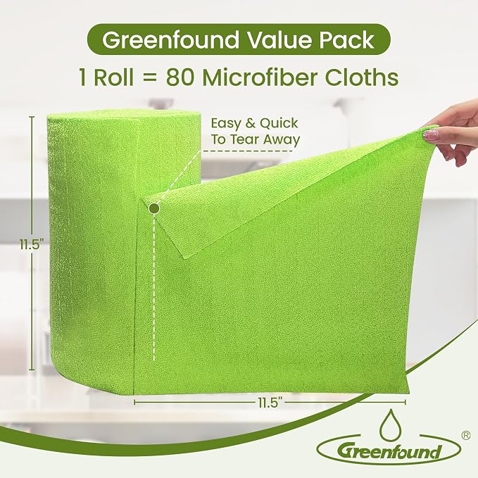 Greenfound Microfiber Cleaning Cloth Roll, 80 Pack Tear Away Towels, Reusable Washable Lint Free Scratch Free Absorbent Cleaning Rags for Kitchen Home Car Window Glass, 11.5 x 11.5 Inch Wave Green