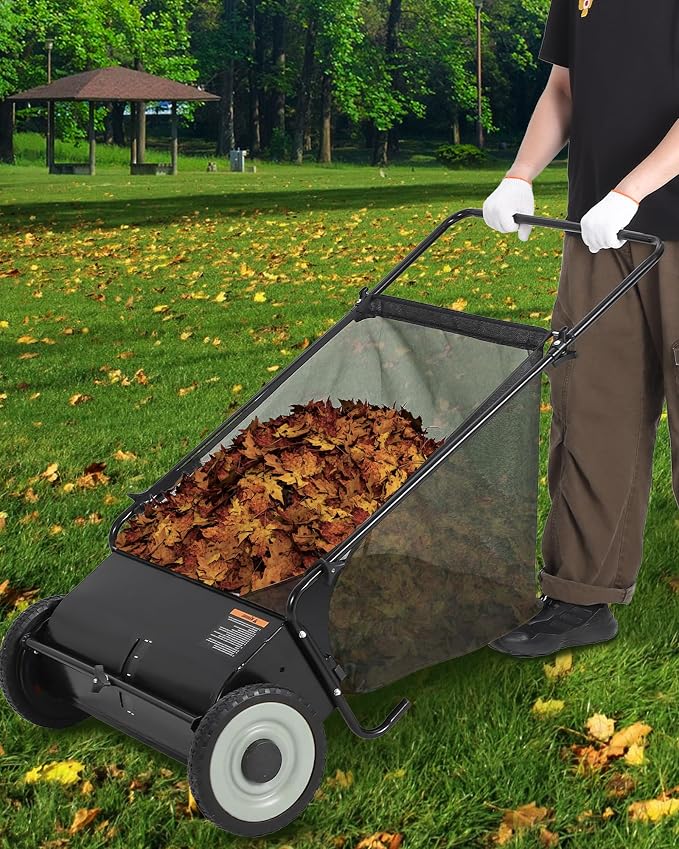26-Inch Push Lawn Sweeper,7 Cu. Ft. Large Capacity Collection Bag,4 Spinning Brushes, Adjustable Height, Durable Steel Frame with Rubber Wheels, for Grass, Leaves & Debris Collector on All Terrains