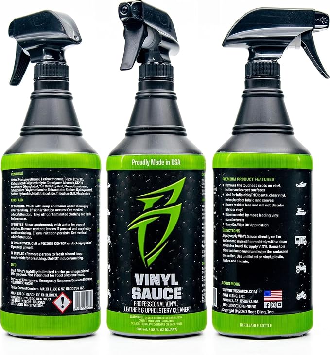 Boat Bling Vinyl Sauce Boat Seat and Upholstery Cleaning Spray, 20 oz | Marine cleaner lifts grime and sunblock from vinyl interiors with a non-caustic mist-and-wipe formula; OEM approved