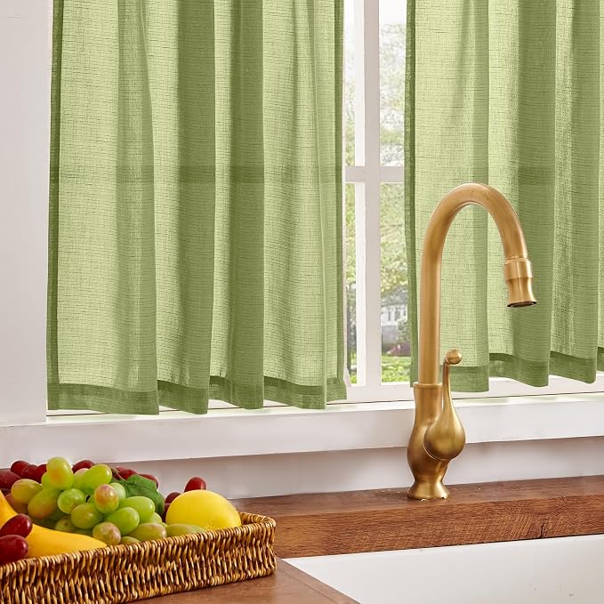 jinchan Linen Pinch Pleated Back Tab Tier Curtains, 26x24, 2 Panels, Green | Light filtering,small window treatment,cafe curtains,machine washable,farmhouse,kitchen,bathrooms,laundry