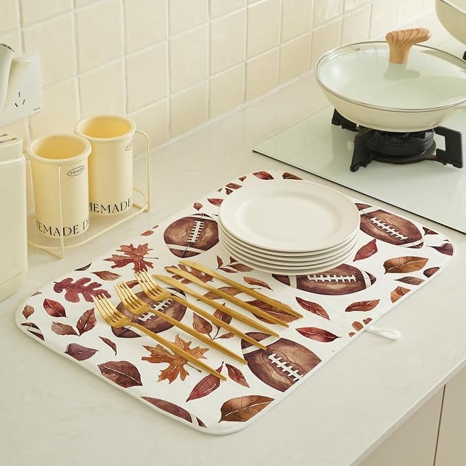 Fall Dish Drying Mat 18x24 Inches For Kitchen Counter Orange Brown Baseball Leaves Kitchen Decoration Drying Mat Decorative Autumn Leaves Drying Pad for Home Kitchen,Dining Room Decor
