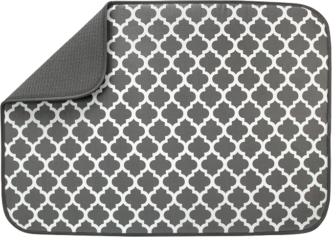 S&T INC. Dish Drying Mat XL, 18” x 24”, Absorbent Microfiber Kitchen Counter Mat, Dish Drying Pad for Dishes, Utensils, Pots and Pans, Extra Large, Pewter Grey Trellis