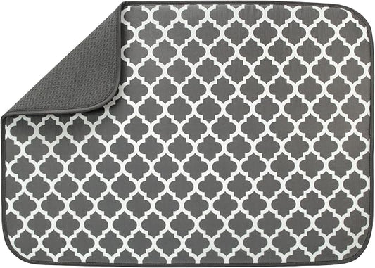 S&T INC. Dish Drying Mat XL, 18” x 24”, Absorbent Microfiber Kitchen Counter Mat, Dish Drying Pad for Dishes, Utensils, Pots and Pans, Extra Large, Pewter Grey Trellis