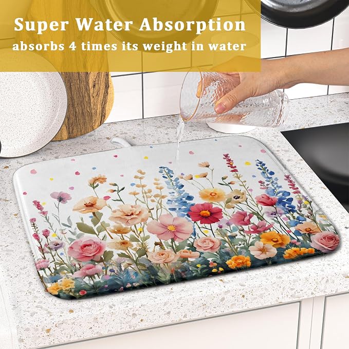 Colorful Flower Dish Drying Mat 16x18 Inch Botanical Floral Drainer Rack Mats Washable Absorbent Dish Dry Pad for Kitchen Counter Sink