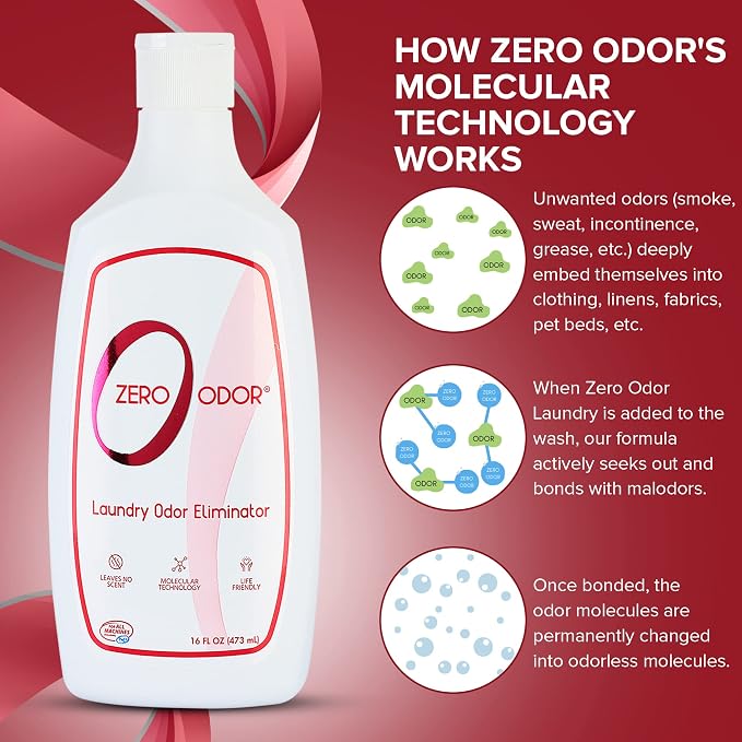 Zero Odor Laundry Odor Eliminator — Unscented In-Wash Additive for Clothes, Towels & Linens — HE Compatible, Works With Your Detergent, 16 oz