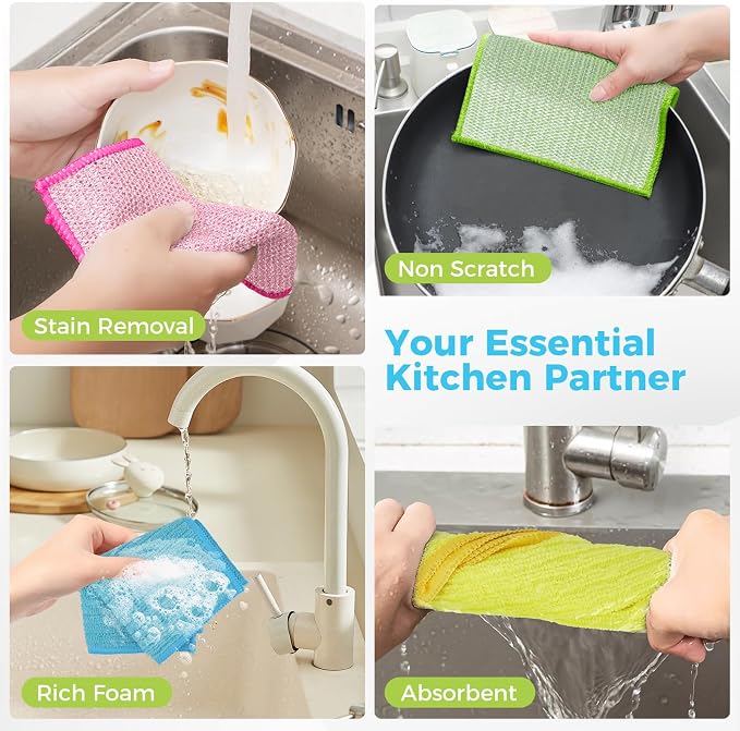 AIDEA Non Scratch Wire Dishcloth 24PK, Upgraded Wire Dishwashing Rag for Kitchen, Dual Sided, Dish Cloths for Washing Dishes, Cleaning Pads Steel Scrubber for Cookware, Sinks, Dishes, Stove Tops,7"×8"