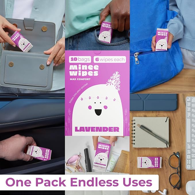 Impossibly Compact Travel Wipes - 99.5% Water - Safe for Sensitive Skin, Resealable, Thick & Durable - For Adults & Kids - Lavander, 10 Pack Total 60 Wipes