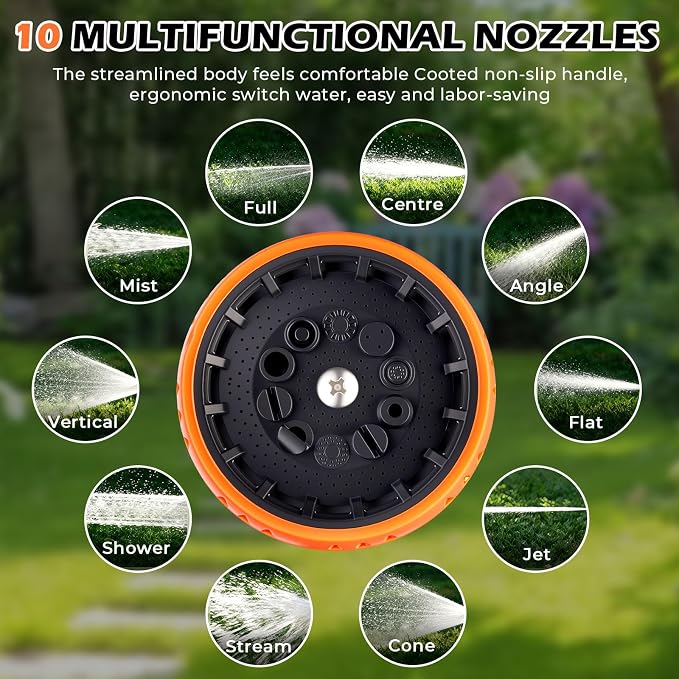 Garden Hose Nozzle High Pressure Leak Proof Spray Water Hose Nozzle Sprayer | Thumb Control 10 Spray Patterns On Off Valve Non-Slip Grip Hose Sprayer Nozzle for Plants & Lawns Watering,Car&Pet Washing