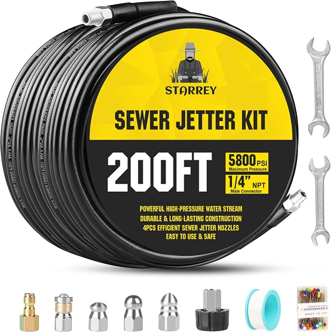 Pressure Washer Drain Jetter – Sewer Jetter Kit for Pressure Washer 200ft 1/4 Inch NPT Hose Nozzles and Adapter 5800PSI Clears Clogs in Pipes & Sewer Lines