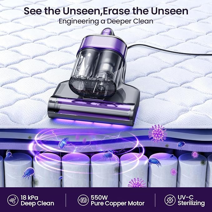 Maircle Mattress Vacuum Cleaner with UV Light, Bed Vacuum with Dust Detection, 16KPa Handheld Vacuum with LED Display, 40,000 Beats/Min Tapping, 150°F Heat, HEPA Filter for Bed, Couch
