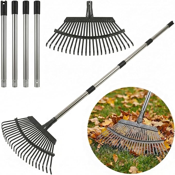 Metal Bow Leaf Rake with 25 Steel Teeth & 68" Stainless Steel Handle | 20" Wide Head, 3 Height Settings, Dethatching & Lawn Care, For Leaves Debris & Mulch, Tool-Free Assembly, Easy Storage