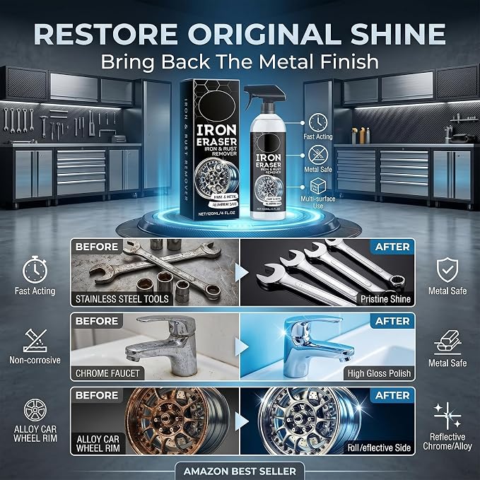 Rust Remover - Rust Remover Spray, Heavy Duty Rust Remover for Metal, Iron Eraser Iron and Rust Remover for Car Wheels, Bike Chains, Garden Tools & Iron Surfaces, Works on Steel Iron Chrome Aluminum | Professional Rust Remover for Metal, Iron Eraser Ir...