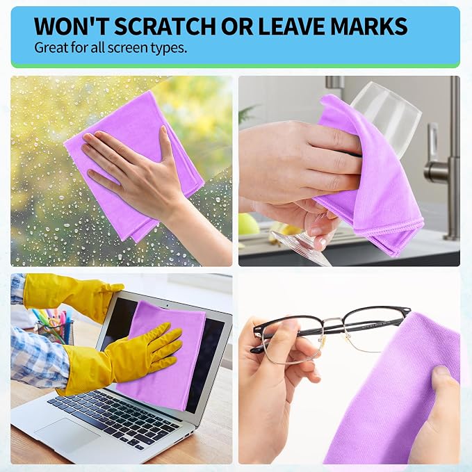 Microfiber Cleaning Cloth - 10 Pack Glasses Cleaning Cloth, 16" x 14" Window Cleaning Rags, Streak Free Lint Free Polishing Cloths Wipes for Eye Glass, Stainless Steel, Windshield, Purple