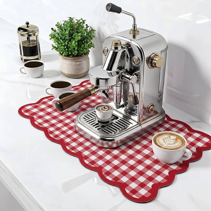 Scalloped Gingham Coffee Mat 12" x 20" Absorbent Coffee Bar Mat Gingham Espresso Matt for Counter(Red)