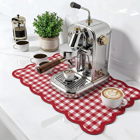 Scalloped Gingham Coffee Mat 12" x 20" Absorbent Coffee Bar Mat Gingham Espresso Matt for Counter(Red)