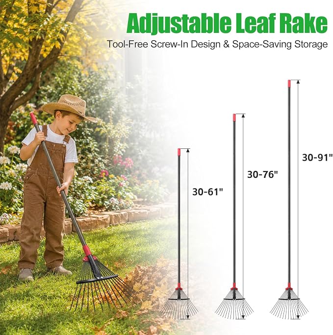 Adjustable Metal Leaf Rake for Leaves, 60 Inch Long Handle Yard Rake with 18 Metal Tines & 8-18" Expandable Head, Lightweight Garden Rake for Lawns, Grass Clippings, Pine Needles