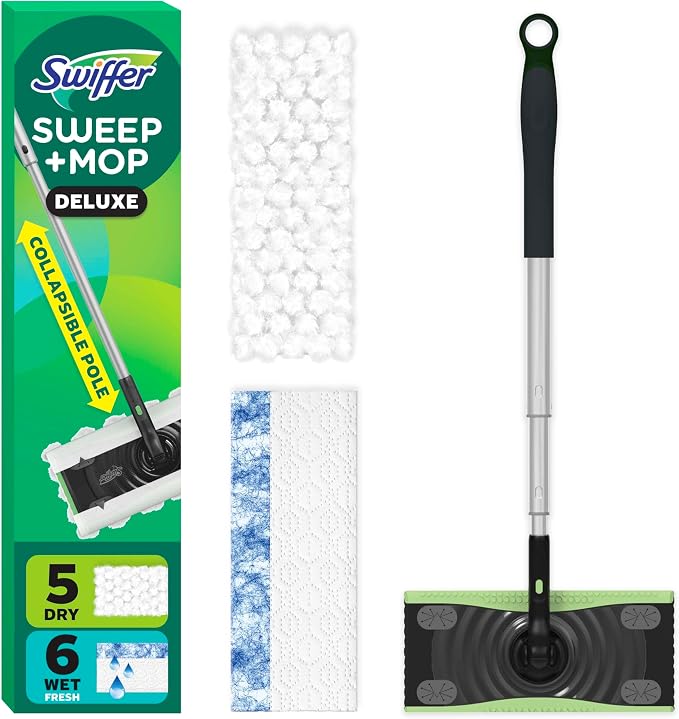 Swiffer Mop & Go Deluxe 2-in-1 Multi-Surface Kit for Floor Cleaning | Includes 1 Sweeper Device (Collapsible). 5 Heavy Duty Dry Sweeping Cloths. 6 Heavy Duty Wet Mopping Cloths. Easy to Store