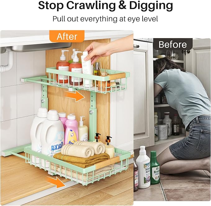 PXRACK Under Sink Organizer, Adjustable Height, 2 Tier Pull Out Under Cabinet Organizer, Slide Out Thickened Metal Under Sink Storage for Kitchen Bathroom Laundry Pantry Cabinet, Green, Large-2-Pack