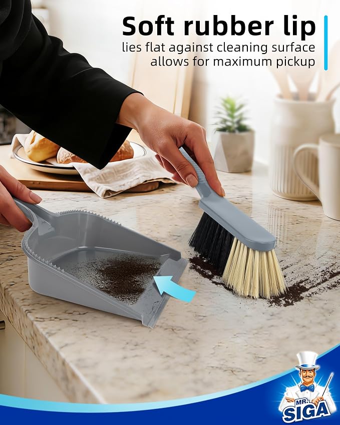 MR.SIGA Dustpan and Brush Set, Pack of 2 Set, Blue & Grey | Handheld brush and dustpan combo, small broom and dustpan set