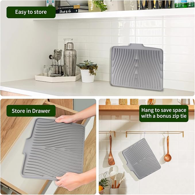 Silicone Dish Drying Mat 16x13,Food-Grade Silicone,Easy Clean Pad for Countertop Protection,Heat Resistant,Easy Clean,Non-Slip Drain Pad with Built-in Drain,Multi-Functional Use,Grey