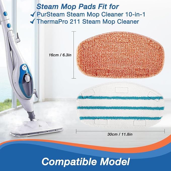 8 Pack Steam Mop Replacement Pads for PurSteam 10-in-1 & ThermaPro 211 | Includes 4 microfiber pads and 4 upgraded cleaning pads; Washable and reusable for wood, ceramic, laminate and marble floors.