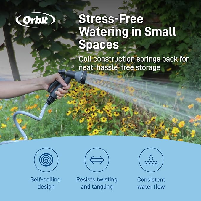 Orbit Coil Garden Hose with 8-Pattern Nozzle, 25 ft., Gray - 26382