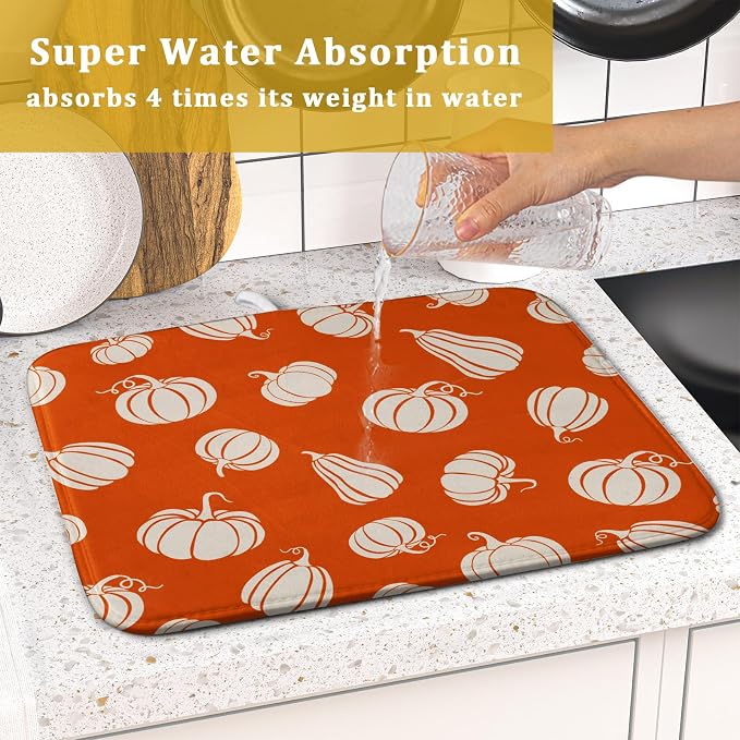 Fall Dish Drying Mat for Kitchen Counter Autumn White Pumpkins Festival Microfiber Absorbent Dish Draining Reusable Washable Foldable 16"x18"