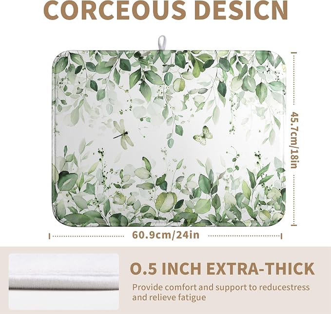 Sage Green Leaf Dish Drying Mat for Kitchen Counter Spring Eucalyptus Leaves Drying Mats Summer Floral Microfiber Absorbent Dishes Pad Reversible Washable Dish Drainer Rack Mat Large 18x24 Inch