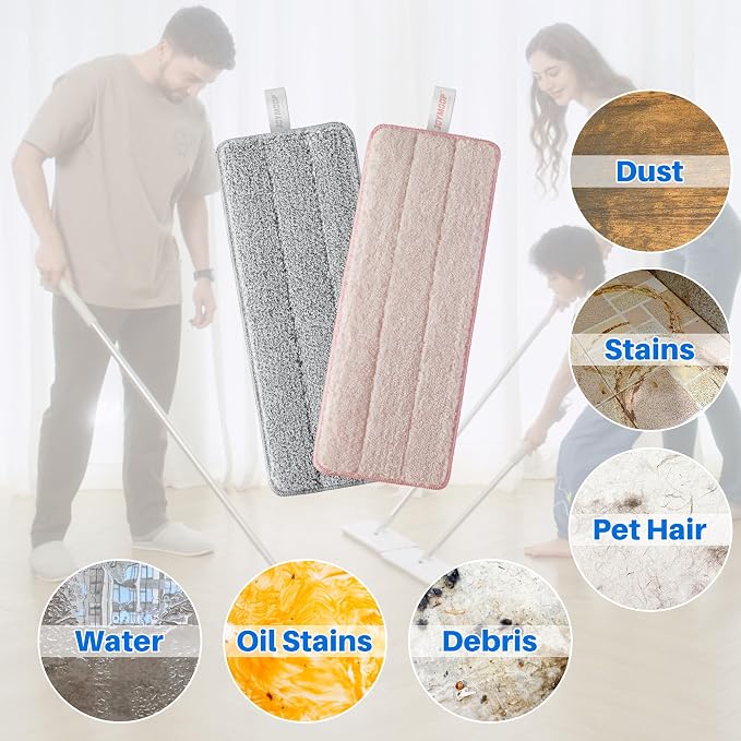 JOYMOOP Microfiber Replacement Pads for 13-Inch Flat Mop System, Reusable Refills, Pack of 2, Grey and Pink