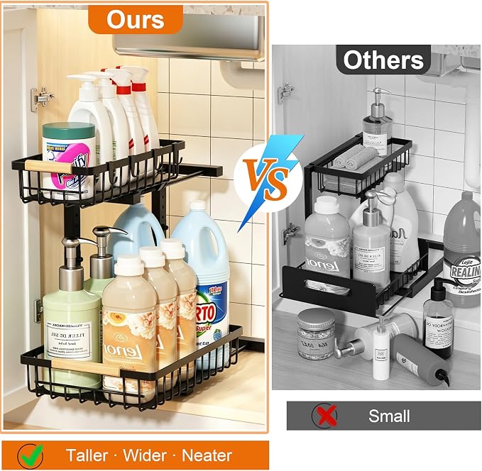 REALINN Under Sink Organizer, 2 Pack Height Adjustable Under Sink Organizers and Storage, 2 Tier Pull Out Drawer Cabinet Storage for Kitchen Bathroom