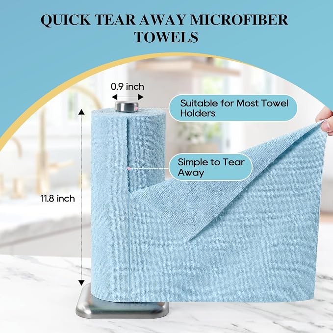 Microfiber Cleaning Cloth Roll 90 Pack, 12"×12", Tear Away, Blue & Grey | Tear Away, Reusable, Highly Absorbent, Lint Free,Washable, All-Purpose for Kitchen, Window, Car, Shop