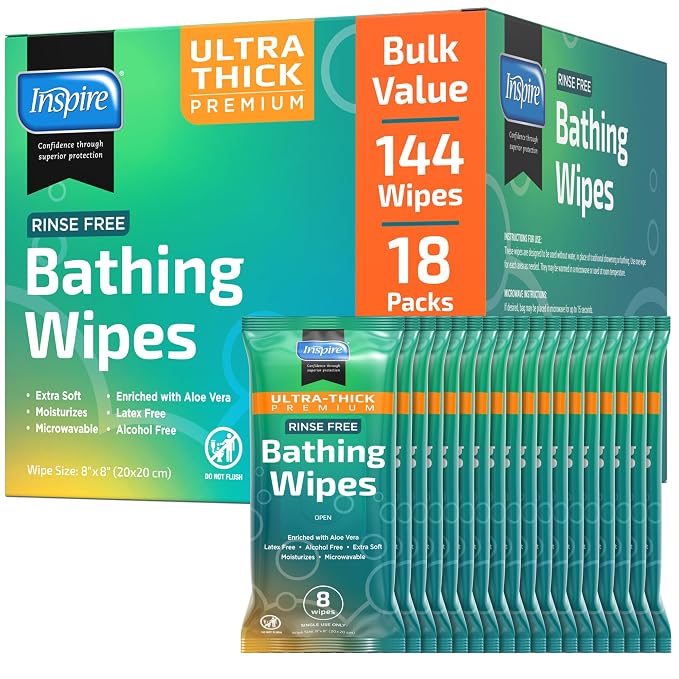 Inspire Ultra Thick Rinse Free Body Wipes, Bathing Wipes, Rinse Free Wet Wipes, Thick Strong Extra Large With Aloe Vera Enriched