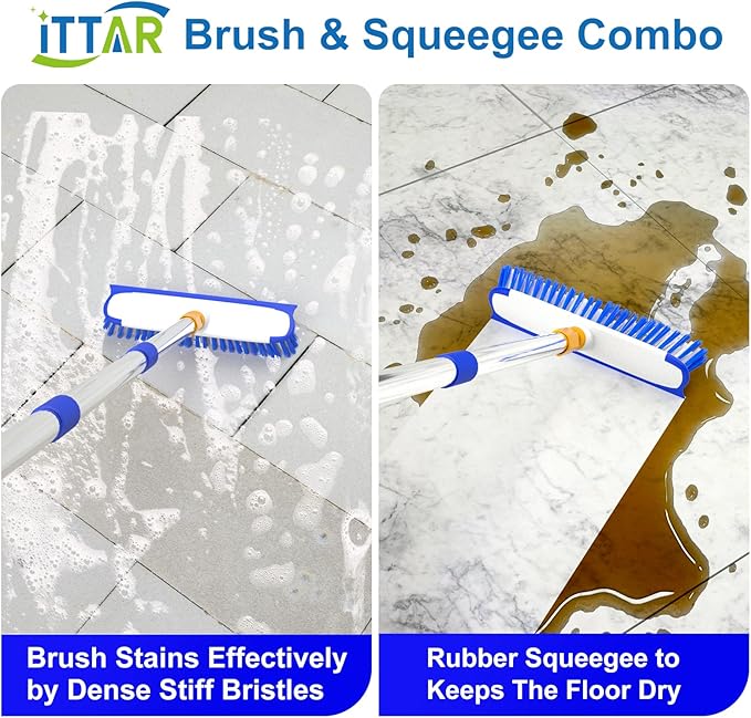 ITTAR 55" Extendable Floor Scrub Brush, 12" Wide Heavy-Duty 2-in-1 Scrub & Squeegee Deck Brush for Tile Grout Shower Floor, Kitchen, Restaurant, Patio & Garage Cleaning