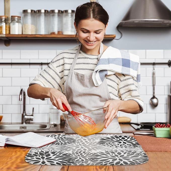 Sanwarm Absorbent Dish Drying Mat, Vintage Spring Leaf Gray Floral Flower Microfiber Pad for Kitchen Counter, Coffee Bar Decor, Heat Resistant and Reversible, 16" x 18"