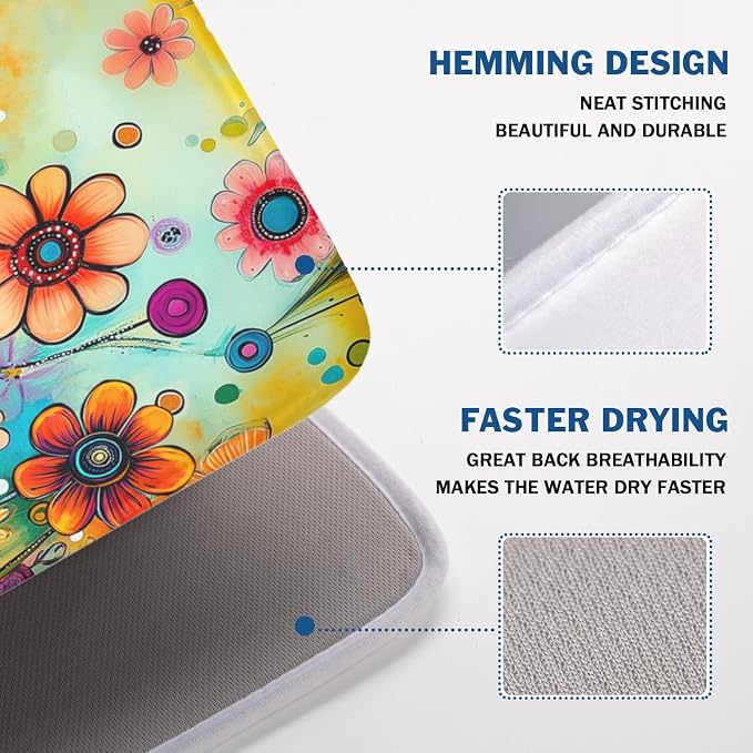 Abstract Colorful Floral Dish Drying Mat for Kitchen Counter Spring Summer Flower Microfiber Dish Drainer Mat Rustic Absorbent Washable Drying Pad Extra Large 18"x24"