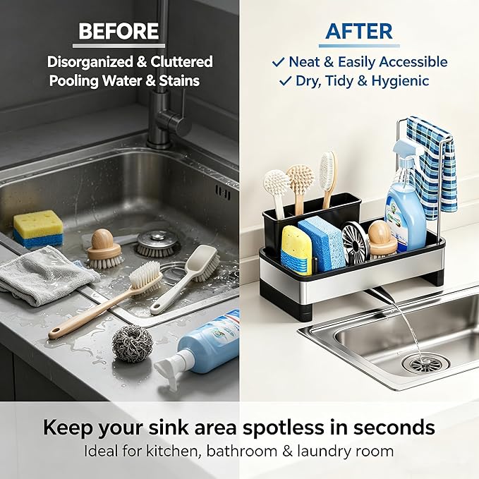 304 Stainless Steel Sink Caddy with Auto-Drain, Rustproof Sink Organizer, Sponge Holder with Removable Brush Holder & Towel Rack, Countertop Storage for Dish Soap Dispenser, Kitchen Sink Accessories