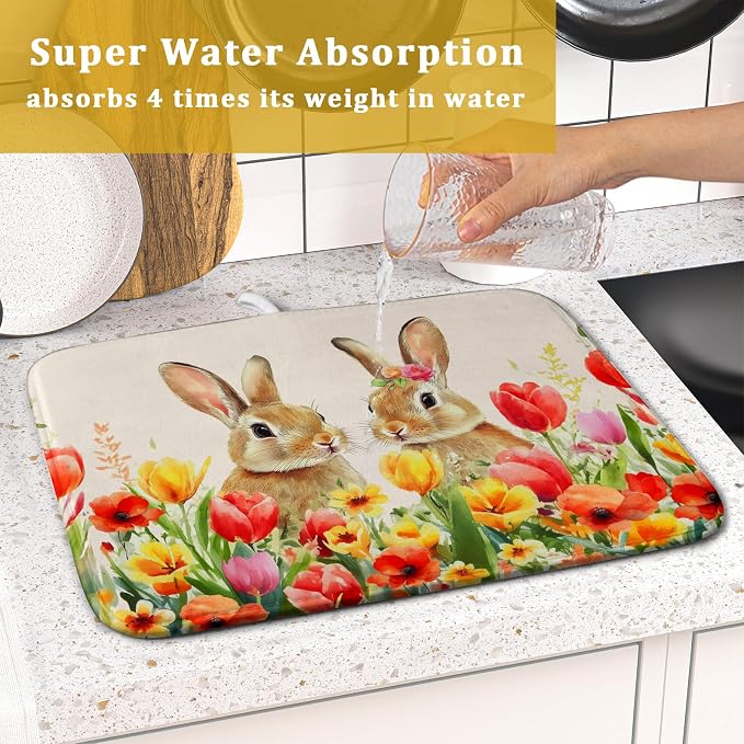 Easter Bunny Dish Drying Mat 16x18 inch Spring Floral Drying Pad Holiday Absorbent Microfiber Dishes Drainer Protector for Kitchen Counter