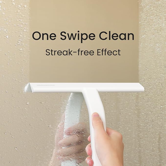 dancemoon JustHang Shower Squeegee with Built-in Hook, 10-Inch White | Award-Winning Design, All-One-Piece Soft-Touch Silicone, for Glass Door, Bathroom, Window, Mirror, Tile Wall, Car