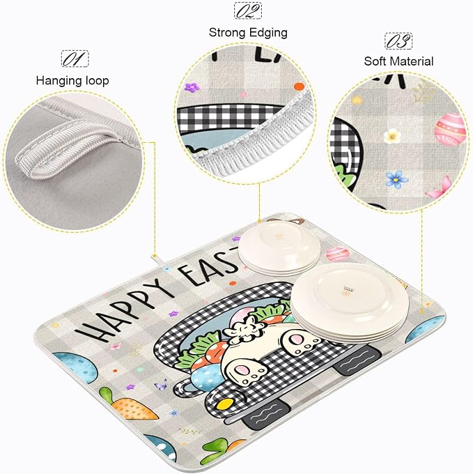 Easter Eggs Bunny Rabbit Dish Drying Mat Quick Absorbent 16x18 Easter Day Black White Buffalo Plaid Kitchen Drying Mat for Countertop Sink Reusable Dishes Mats Kitchen Essentials