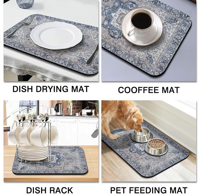 Dish Drying Mat 2-Pack with Medallion for Kitchen Counter Absorbent Dishes | Diatom Mud Mats (18x24, 19.5x12"). Non-slip rubber back for kitchen counter, coffee bar & sink scenes